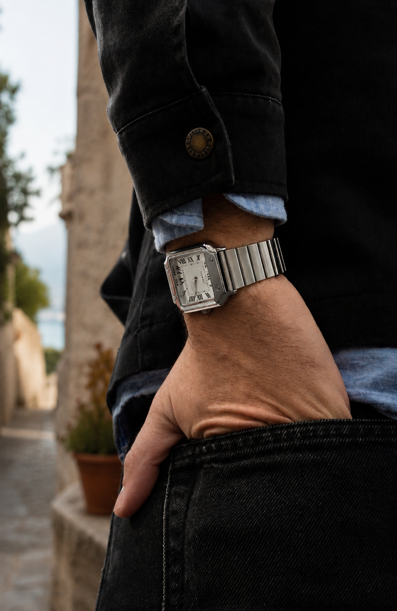 A silver Moura watch worn with a dark jacket and blue shirt.