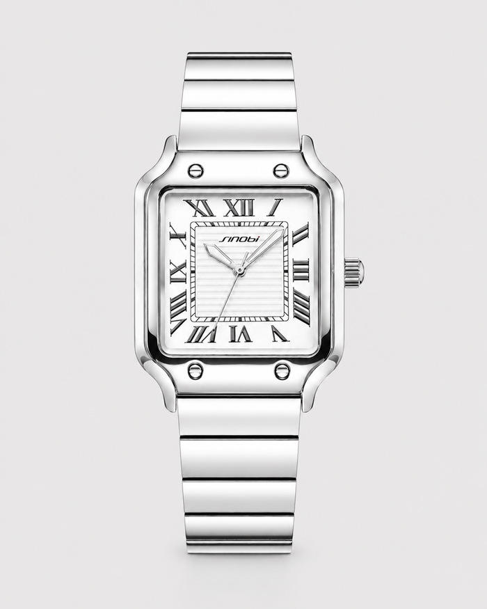Front view of the silver Moura, showing its rectangular case, Roman-numeral dial and steel bracelet.