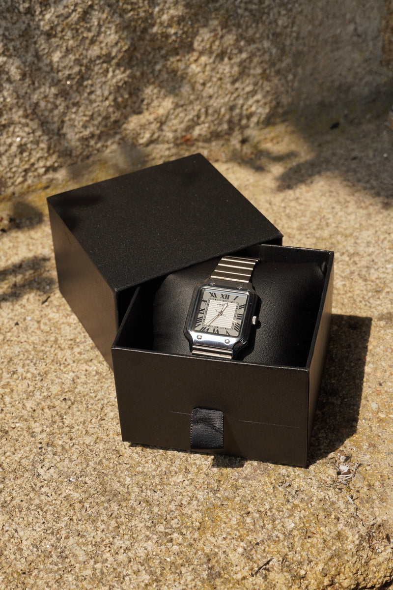 The silver Moura watch presented in its open box on sunlit stone.